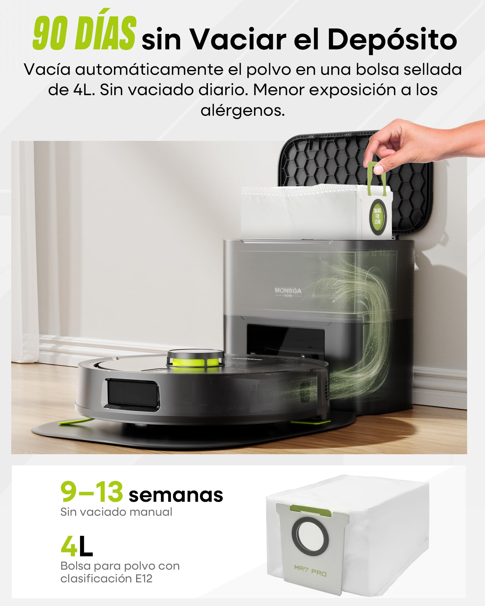 MONSGA Robot Aspirador y Fregasuelos 3 en 1 8000PA,Robot Aspirador Doble Sistema Antienredos, Obstacle Avoidance, 90 Día Self-Emptying, LiDAR Navegación, Control por App, 5 Mapas | Robot Aspirador LiDAR Navegación,90 Día Self-Emptying,Antienredos,Obstacle
