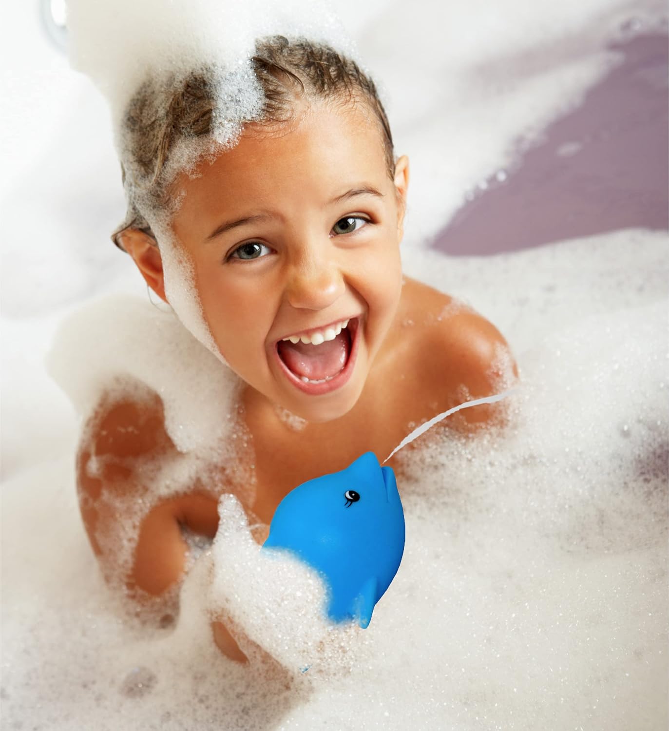 DolliBu Dolphin Bath Buddy Squirter - Floating Blue Dolphin Rubber Bath Toy, Fun Water Squirting Bathtime Play for Toddlers, Cute & Soft Sea Life Animal Toy for The Bathtub, Beach and Pool for Kids