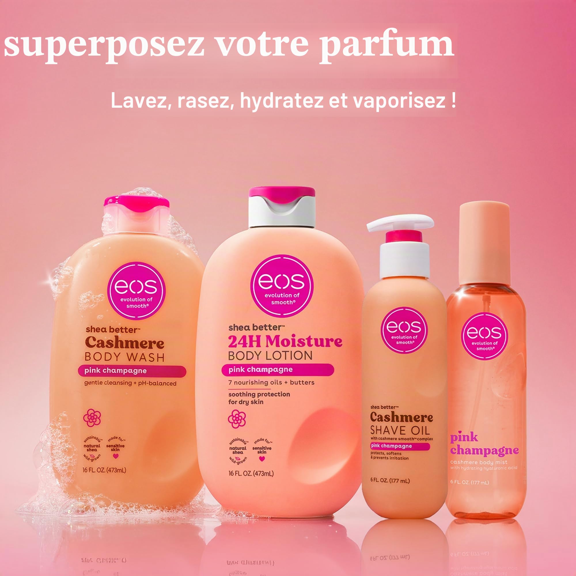 eos Cashmere Shave Oil - Huile de rasage hydratante rose champagne - Avec beurre de karité et glycérine - Pour peaux sensibles - 177 ml / 6 fl oz