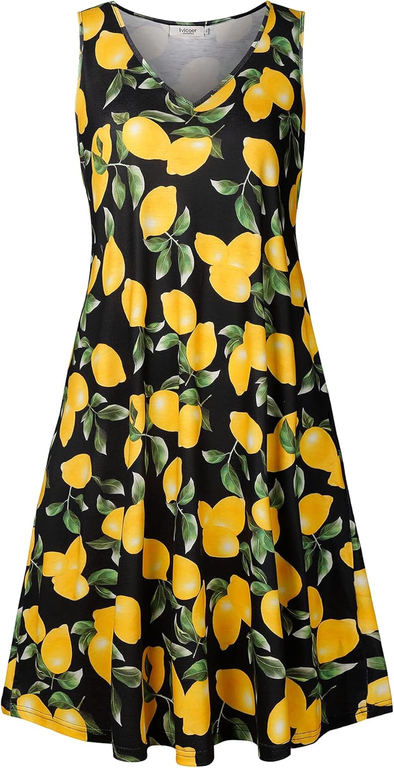 Ivicoer Women's Summer Beach Dresses V-Neck Floral Printed Tank Swing Dress Plus Size with Pocket(L-5XL)