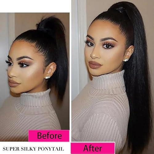 Miniatura 10 de Extensión de cabello humano con cordón de 20 pulgadas, color negro natural para mujer, extensiones de cola de caballo con clip, extensiones de cola