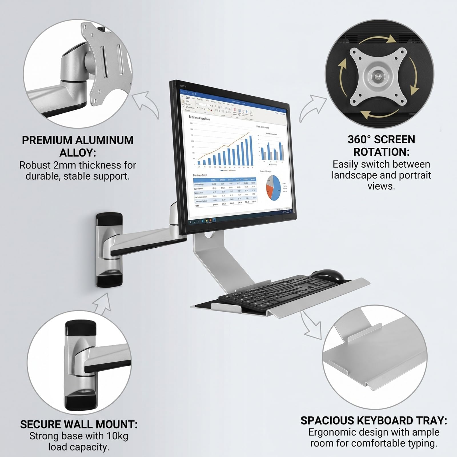 Postazione di lavoro a parete pieghevole per monitor e tastiera, supporto meccanico regolabile con rotazione a 360° e ripiano tastiera, compatibile con monitor da 15-27 pollici(Black,60x21cm)