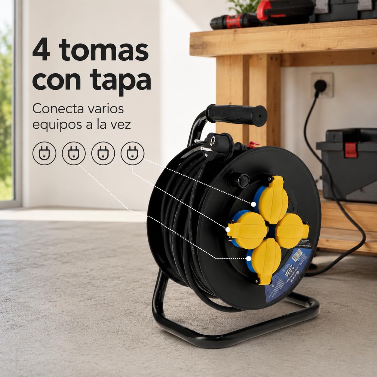 M mimotec - Avvolgicavo da Esterno 25m IP44 4 Prese 3200W 16A, Cavo H05RR-F 3G1,5 mm², Protezione Bambini, Ideale per Giardino, Cantiere e Officina