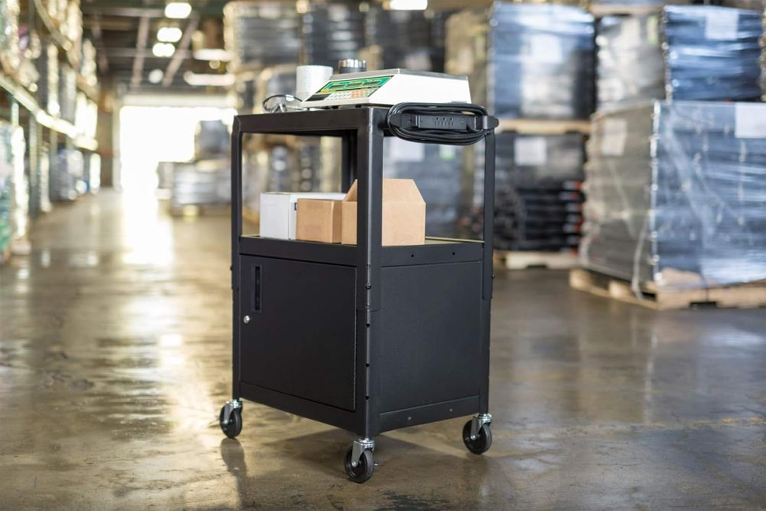 Adjustable Black Steel AV Utility Cart with Locking Cabinet