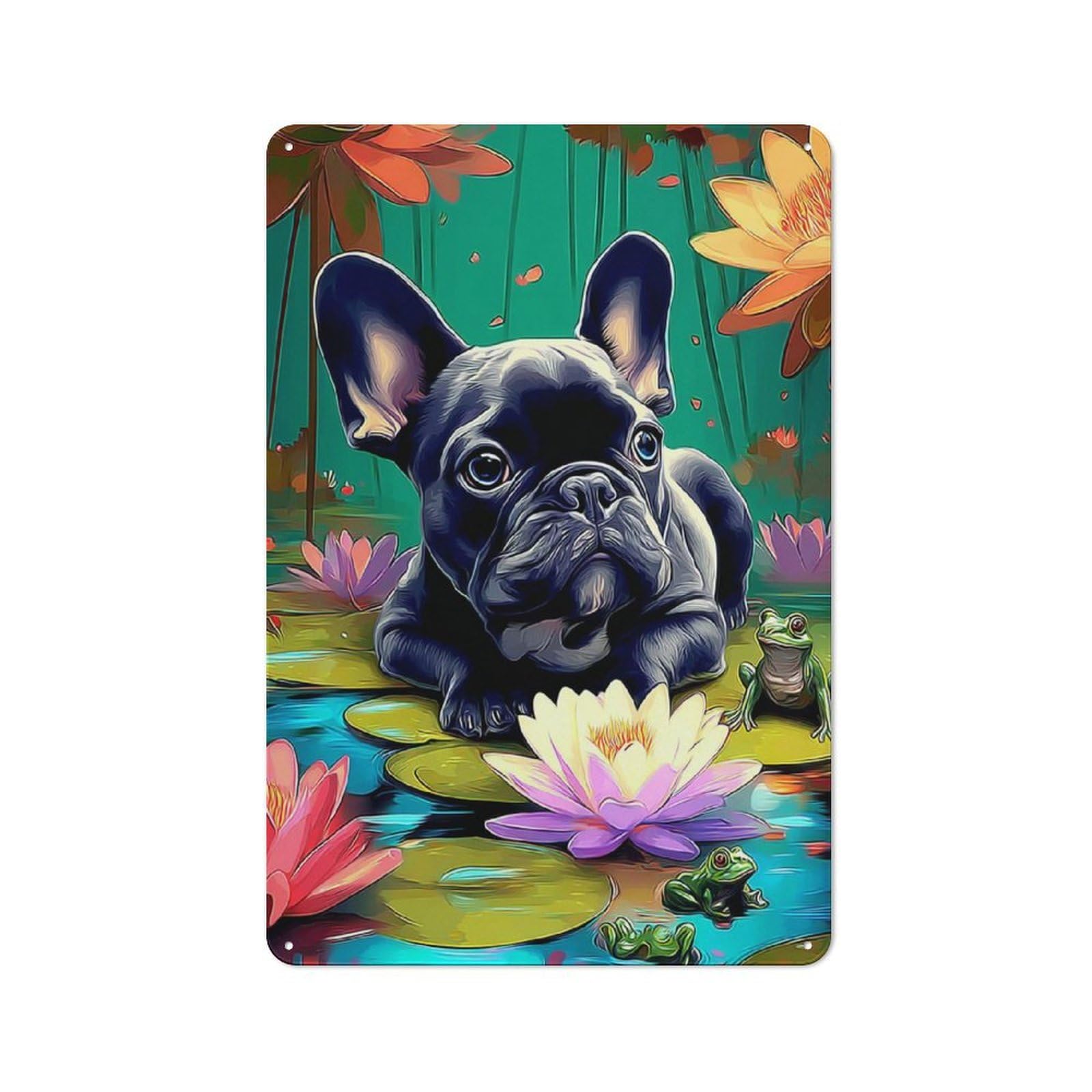 Junmoney Lovely French Bulldog In Lotus Pond Printed Metal Sign, Easy To Hang Plaque For Home Bar, Pub Room Or Kitchen Wall, 30X20cm