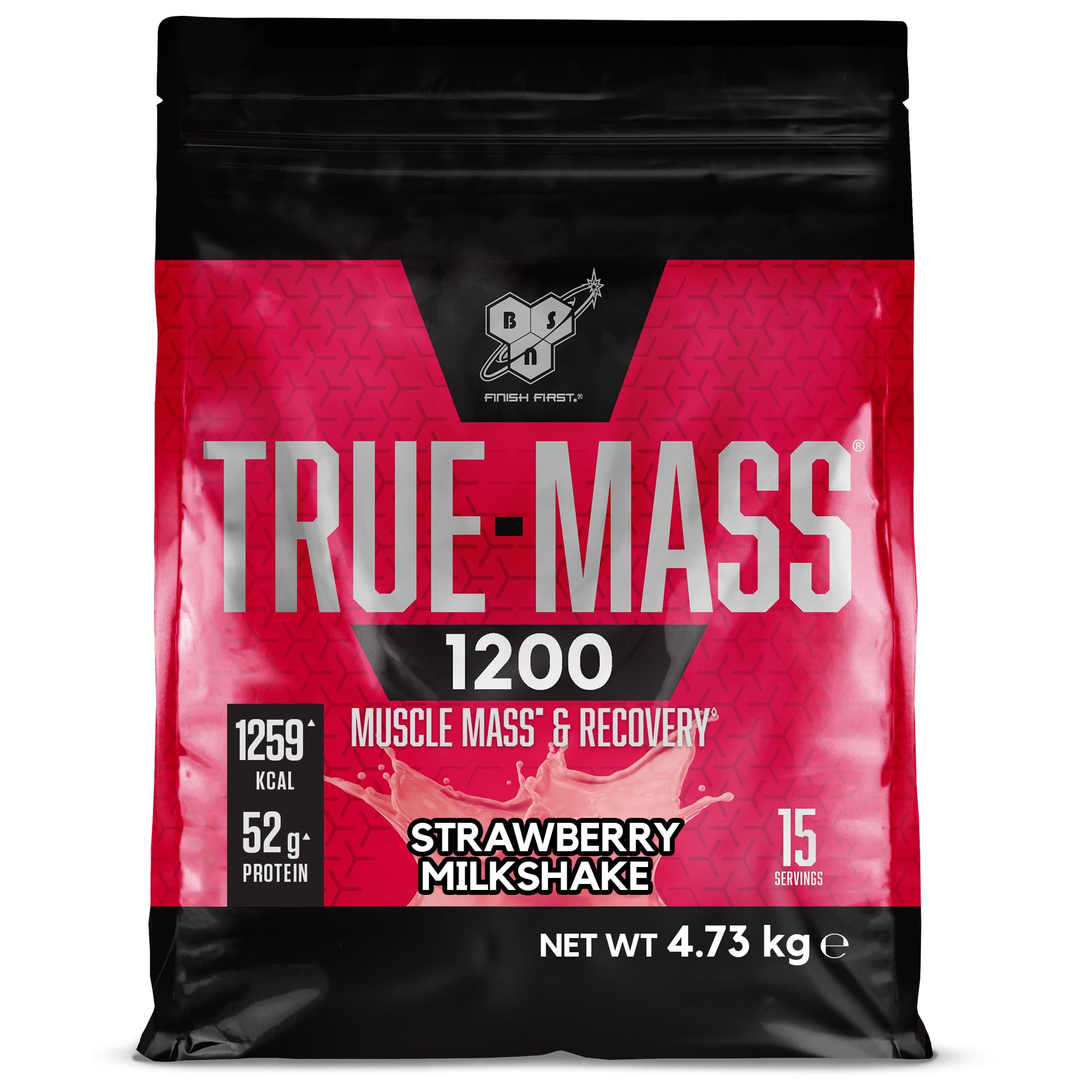 BSN True Mass 1200, protéines en poudre, gain de masse avec isolat de whey et glucides, gain de poids et de muscle et récupération Post Workout, goût Milkshake à la fraise, 15 portions, 4,8 kg