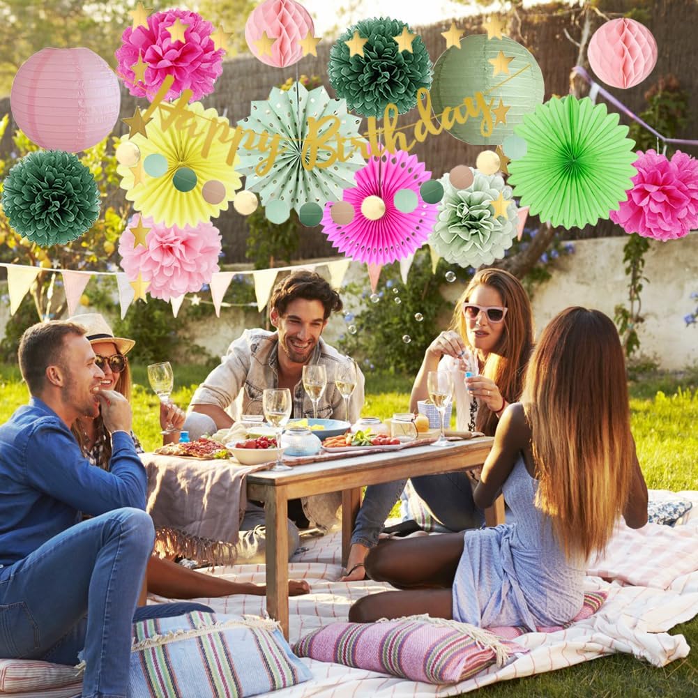 Hot Pink and Yellow Summer Birthday Decorations Kit Girl Sage Green Bright Pink Happy Birthday Decorations for Women Olive Sage Green Poms Fans Lanterns Honeycombs with Banner Gold