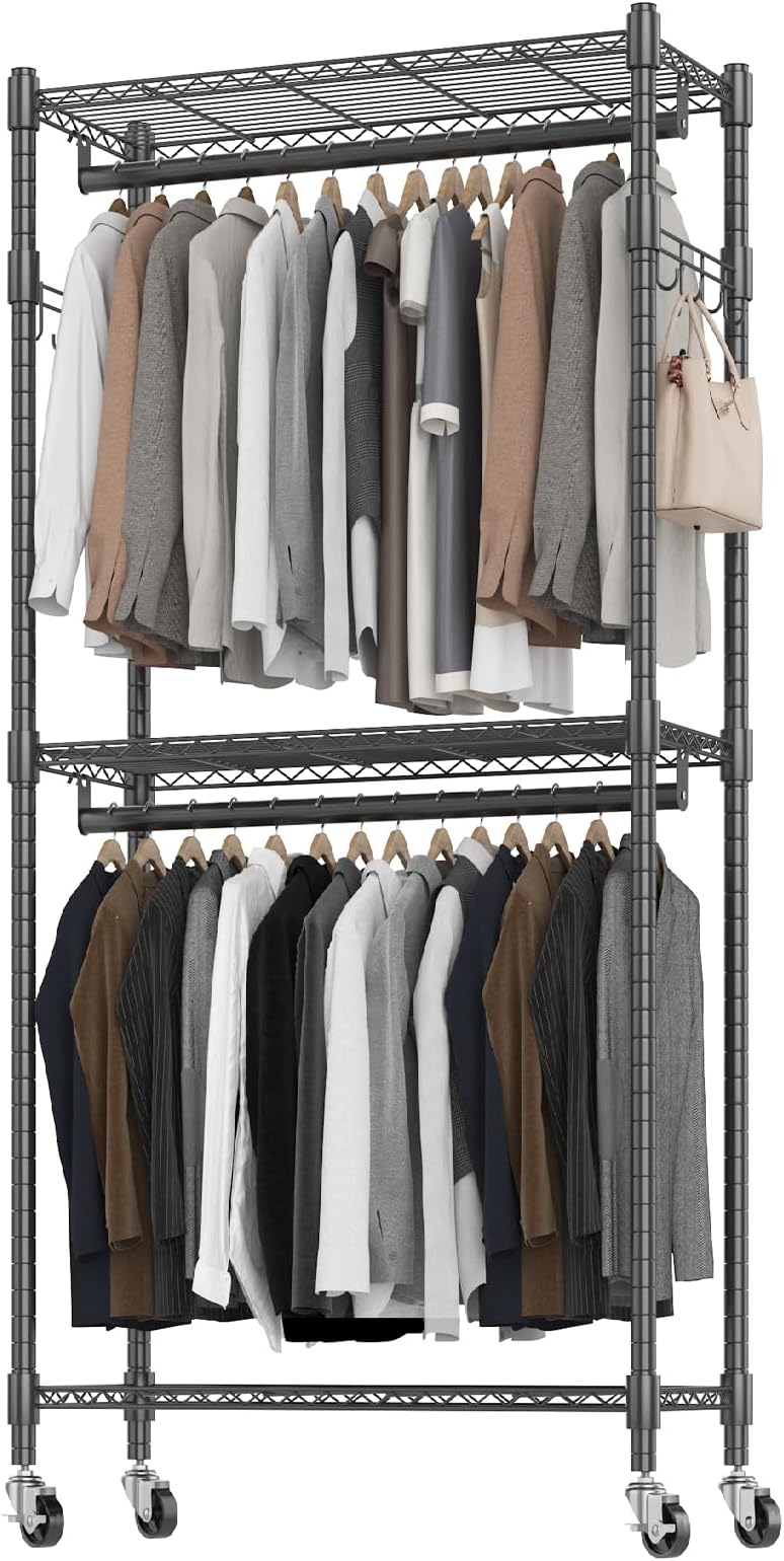 Amazon.com: BATHWA Clothes Rack Rolling Narrow 2 tier Garment Rack for ...