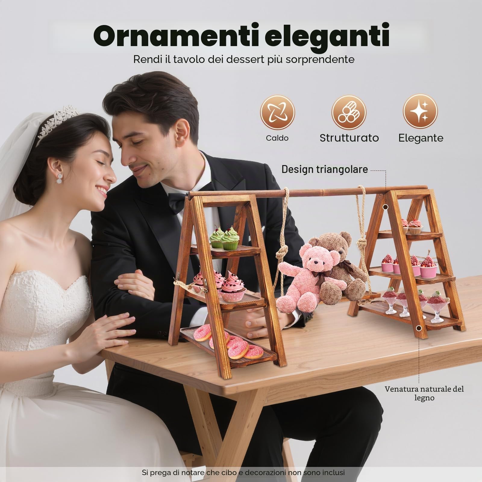 Supporto per cupcake a 3 ripiani in legno, presentazione da dessert regolabile per cupcake, snack e frutta, supporto decorativo per feste con design a dondolo