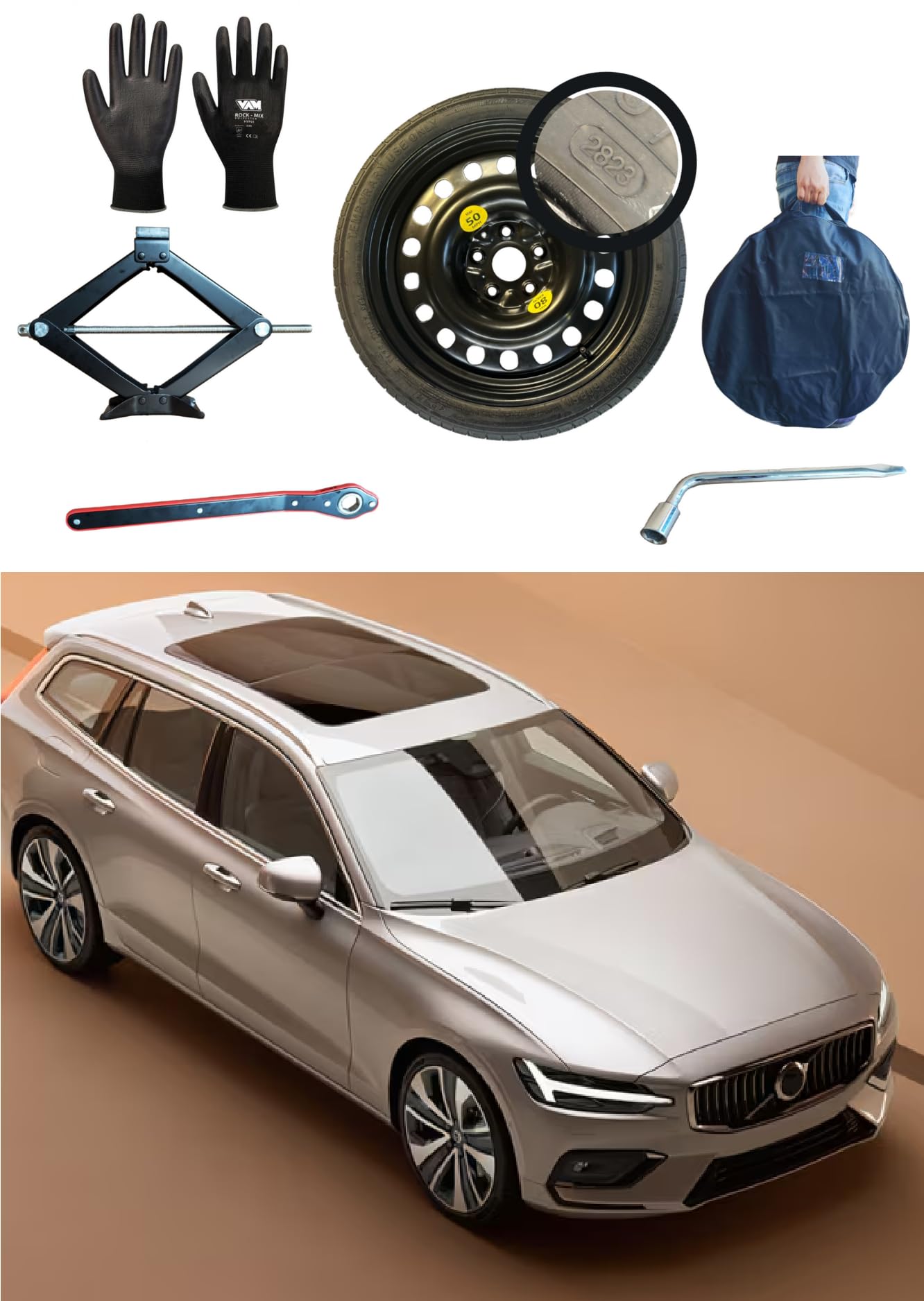 Kit de Rueda de Repuesto 17" compatible con Volvo V60 con Gata, Llave, Guantes y Funda125/80R17
