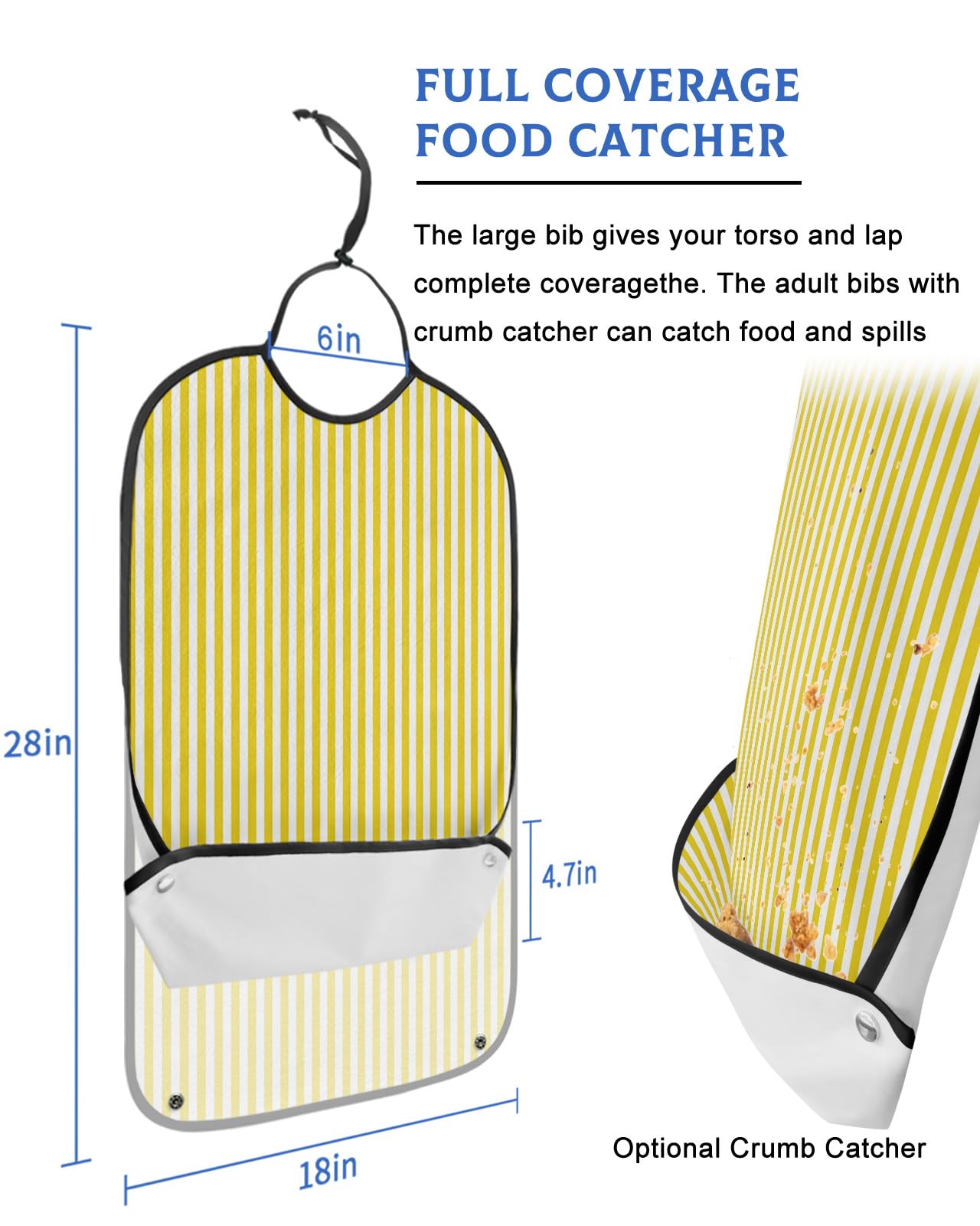 Yellow White Striped Adult Bibs for Eating, Waterproof Bibs with Food Catcher & Adjustable Snap Closure, Modern Abstract Art Aesthetics Washable Clothing Protectors Adult Bibs for Elderly Women/Men
