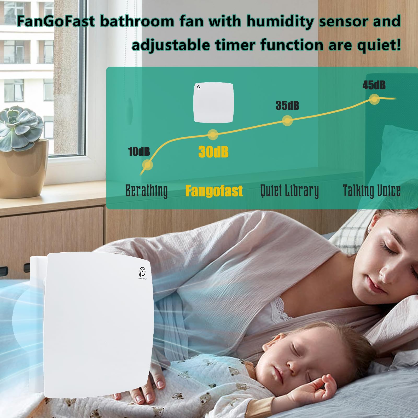 FanGoFast 100mm Ventilador de Baño, Extractor de Baño con Sensor de Humedad y Temporizador Ajustable, Silencioso con Aleta Inversa, Ventilador de Pared para Cocina Baño Garaje (Blanco, 100B-humedad)
