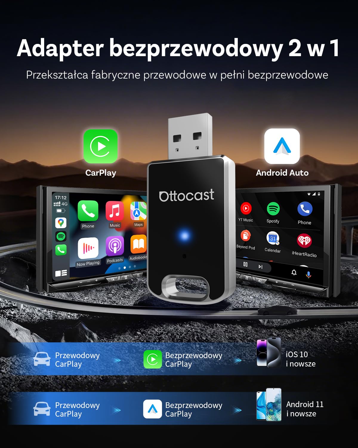 Ottocast Mini Edge 2025 ulepszony, bezprzewodowy adapter CarPlay & Android Auto 2 w 1 dla iOS 10+ i Android 11+, obsługa wielu użytkowników, zamienia przewodowe CarPlay/Android Auto na bezprzewodowe