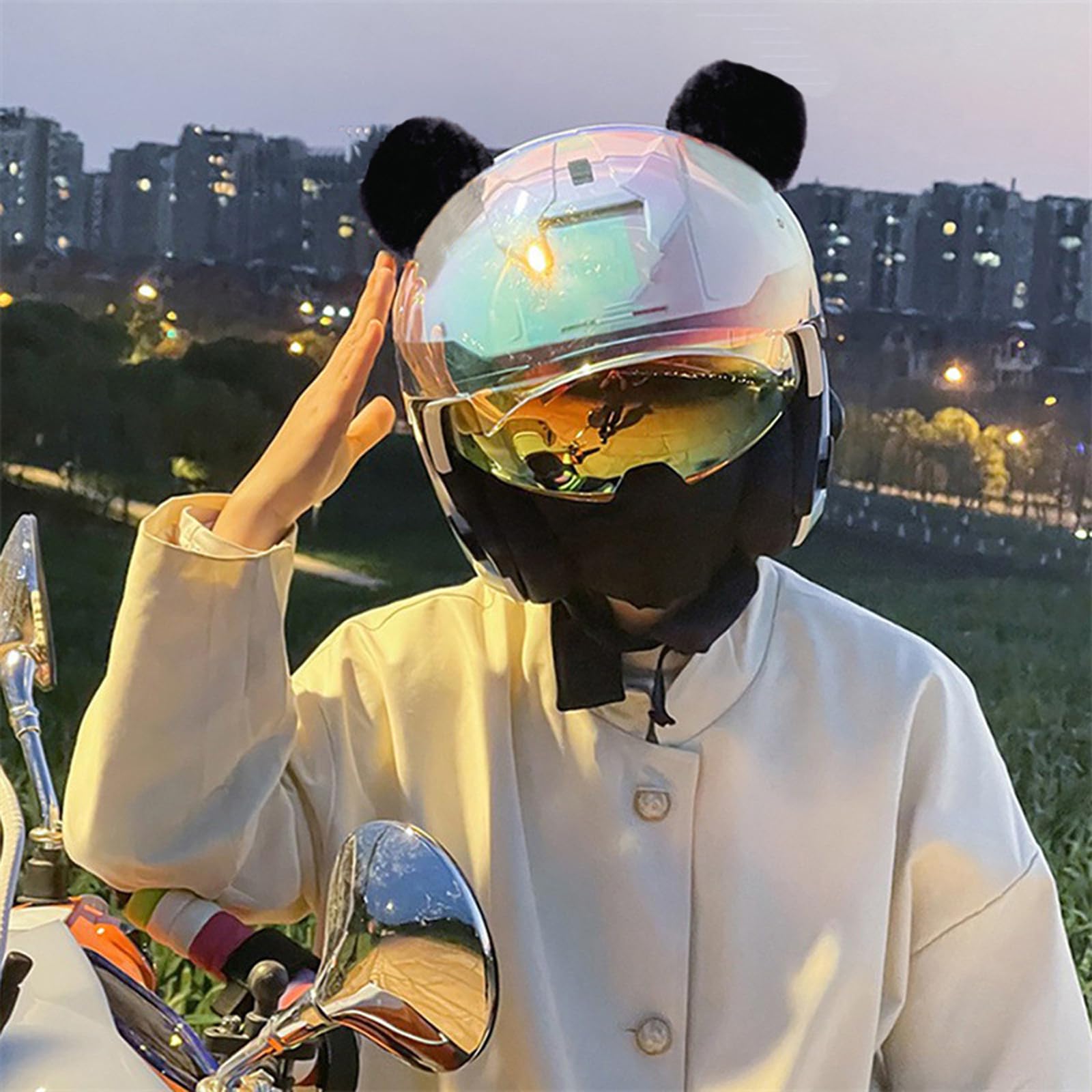 Golden Apple Cute Fuzzy Bear Ear Motocycle Helmet Decor with Sticker Plush Ski Helmet Bike Helmet Accessory Decoration (Black) - Image 2