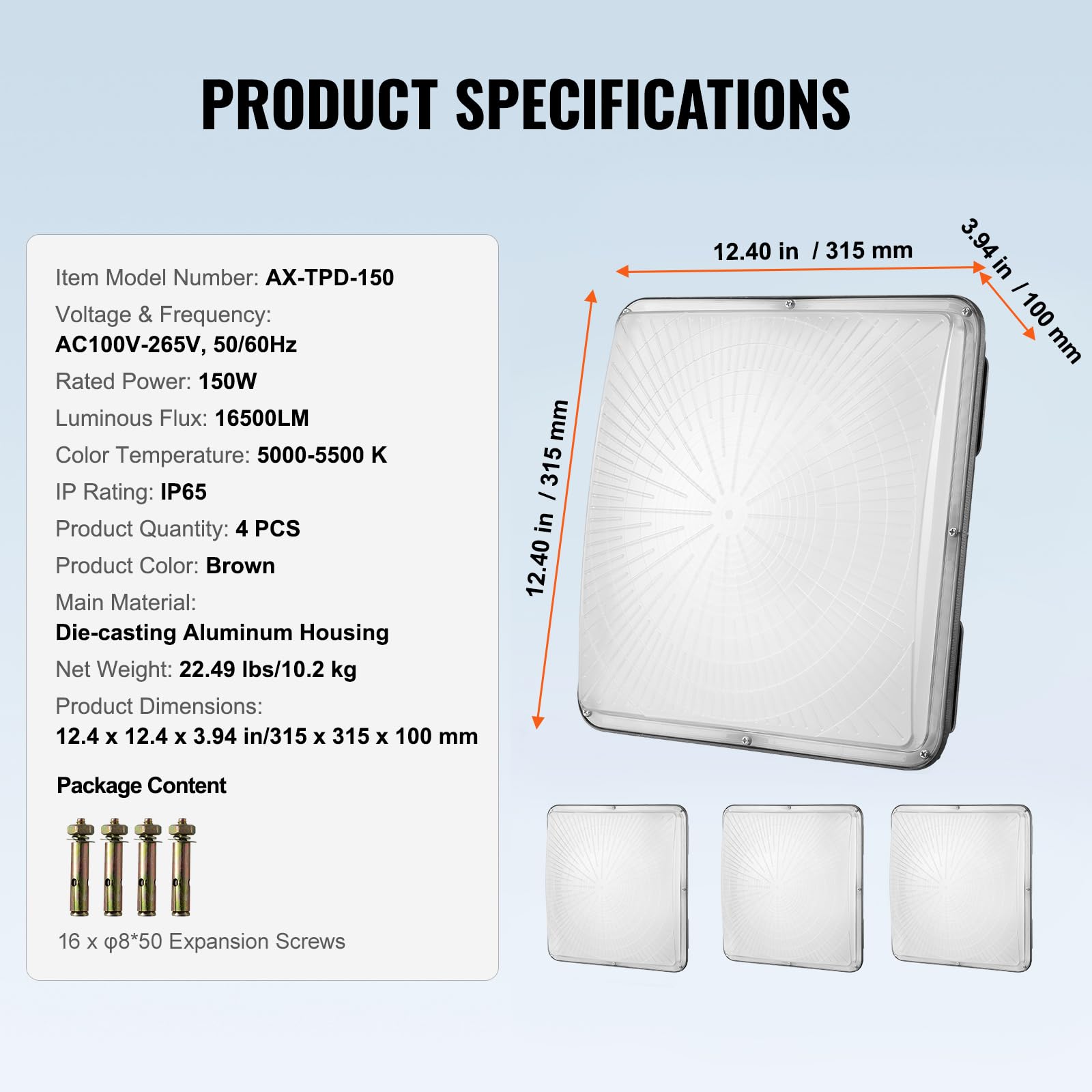 VEVOR 4er-Set LED-Überdachungsleuchten, 150 W, 16500 LM, 5000 K Tageslicht, industrielle Deckenlampe für Außenbereich, 315 x 315 mm, für Tankstelle, Lager, Garage, Straße, Geschäft, IP65