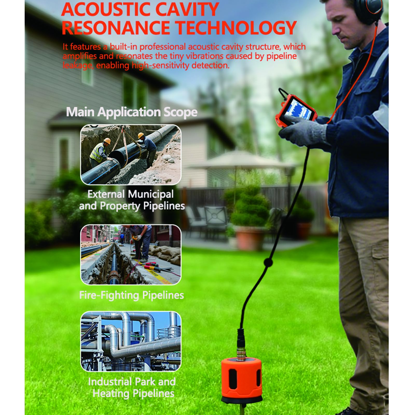 Detector de Fugas de Agua – Localizador Profesional de Tuberías Subterráneas, Profundidad 0,5–3 m, Pantalla Táctil HD 7", Reducción de Ruido para Tuberías Interiores y Exteriores 3M-Outdoor