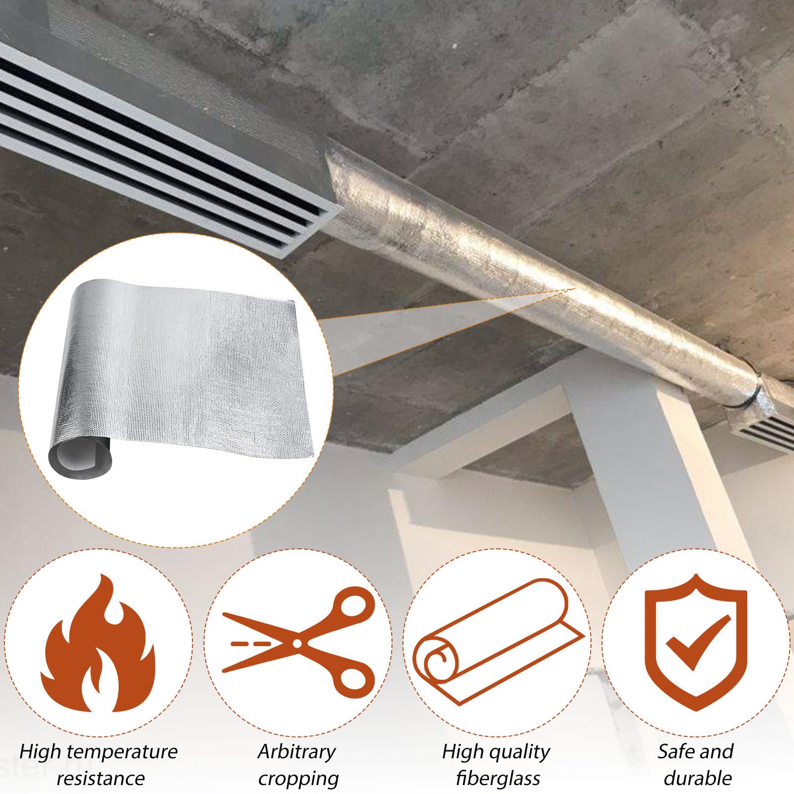 Aluminisierte Hitzeschutzmatte, 60 x 400 cm Hitzeschutzfolie Selbstklebend, Dicke 0.2 mm Hitzeschutzfolie, Temperaturbeständigkeit 300℃, Geeignet für Schläuche, Automatisierungsanwendungen