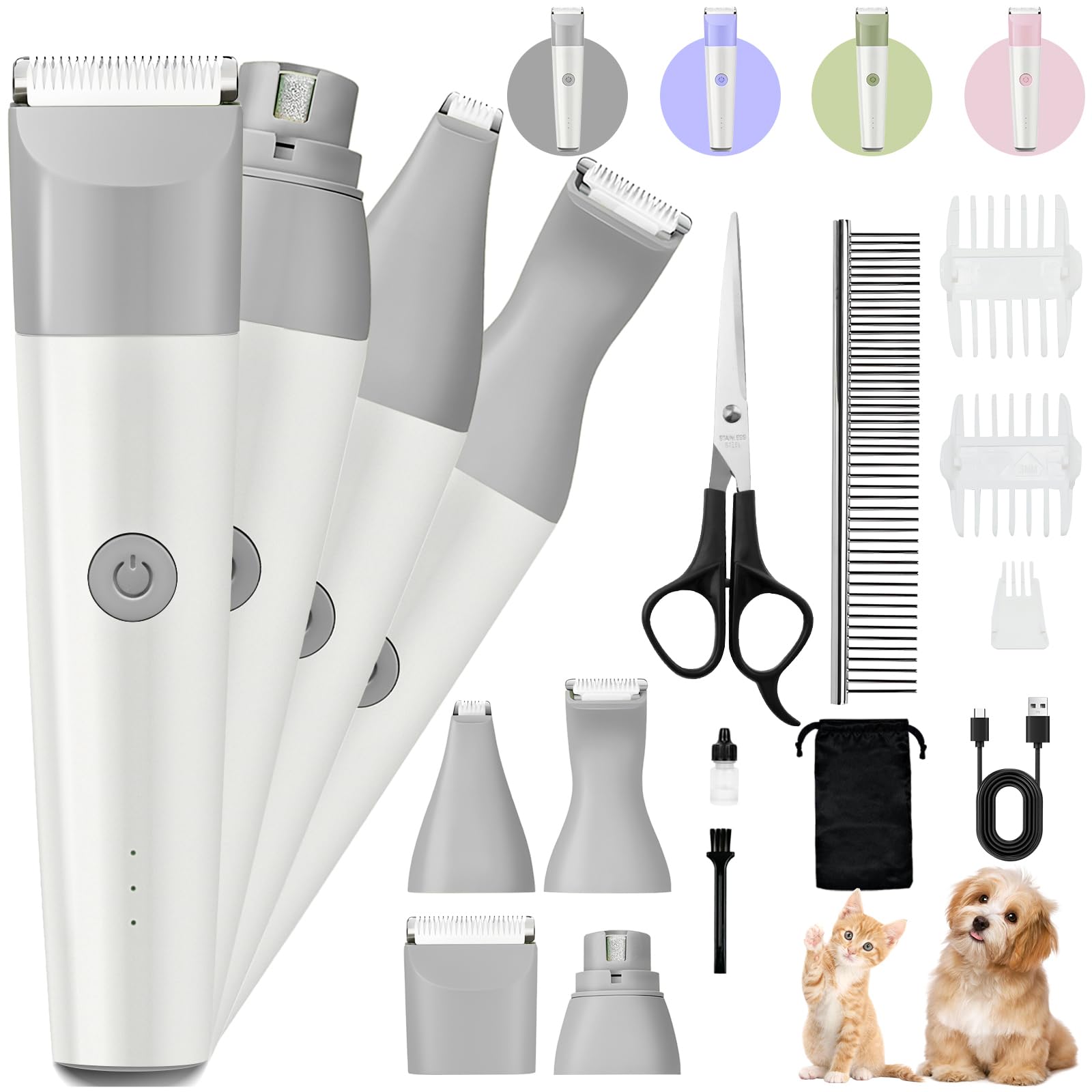 Dog Clippers Grooming Kit, 4 in 1 Quiet Cordless Dog Paw Trimmer & Nail Grinder, Small Dog Cat Clippers Electric Rechargeable Low Noise Pet Shaver for