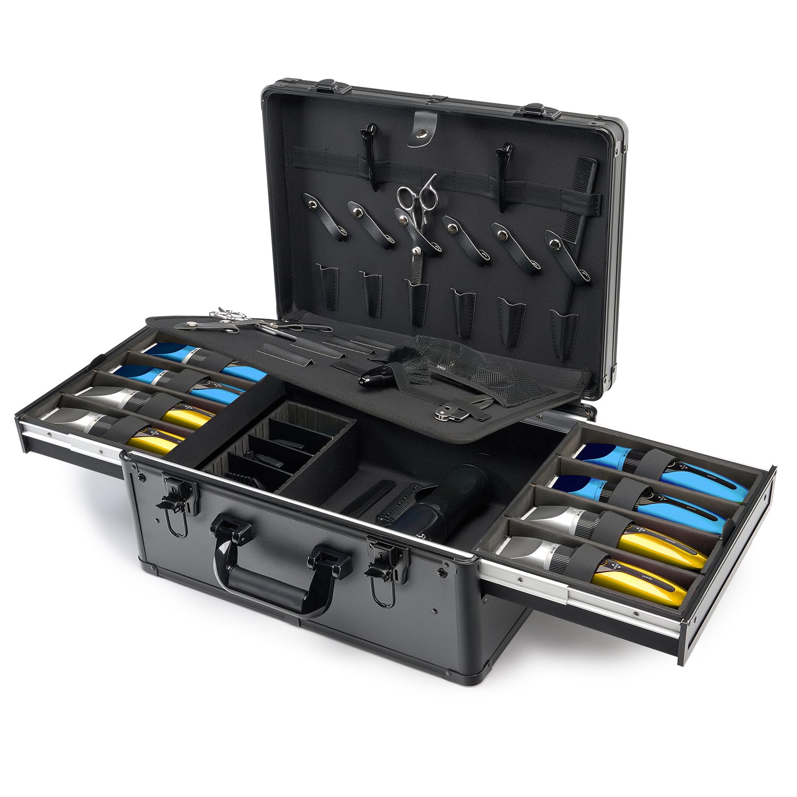 MoyRetty Professional Barber Case, Barber Suitcase 6 Clipper Slots & 8 Shear Holders, 17.13" Portable Aluminum Organizer for Hair Stylists & Pet