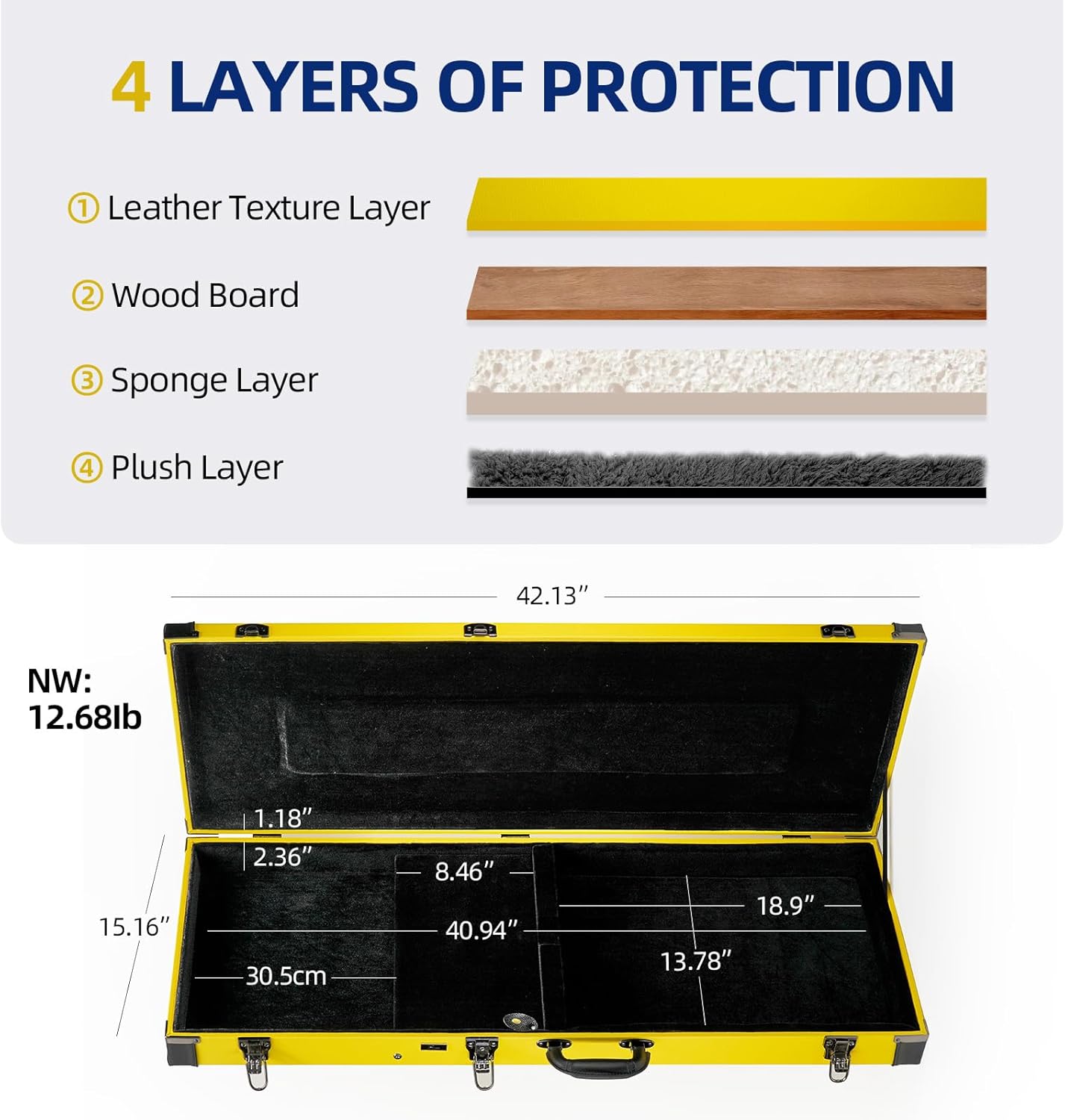 Electric Guitar Case Hard, Fits Fender Strat, Tele, and Standard Guitars, Portable 4-Layer Protection Hardshell with Comfort Handle, Secure Metal Lock (Yellow)