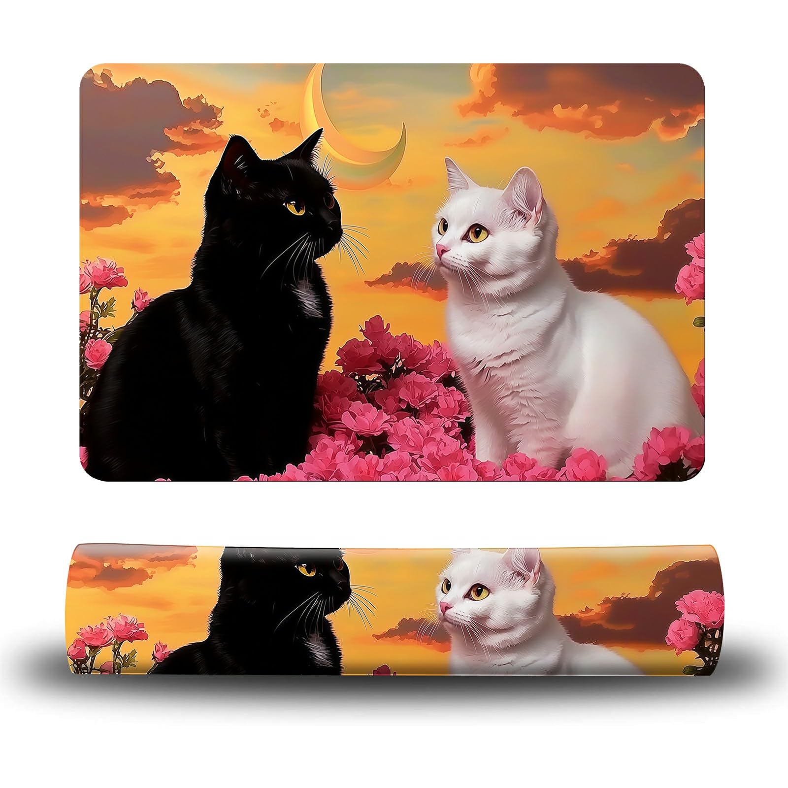Dikoer Dog Food Mat, 19.6" x 23.6" Absorbent Pet Feeding Mat for Food and Water, Waterproof Diatom Mud Pet Placemat with Non-Slip Rubber Backing, Cat Bowl Mat for Floors - Rose White Black Cat