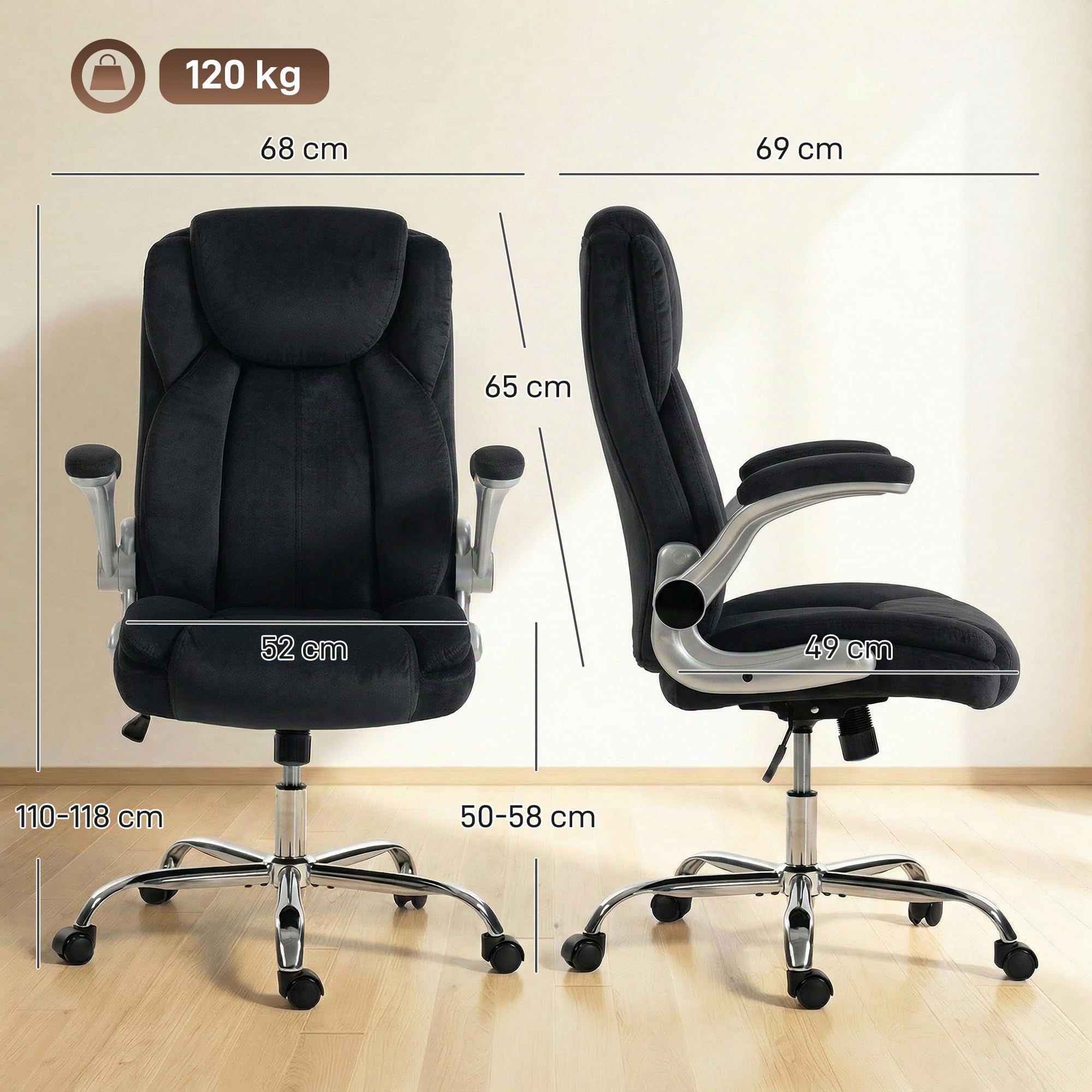 HOMCOM Silla de Escritorio Ergonómica con Reposabrazos Abatibles Negro | Silla de Oficina con Respaldo Alto, Asiento con Muelles, Altura Ajustable, Función Basculante, Tapizado en Terciopelo