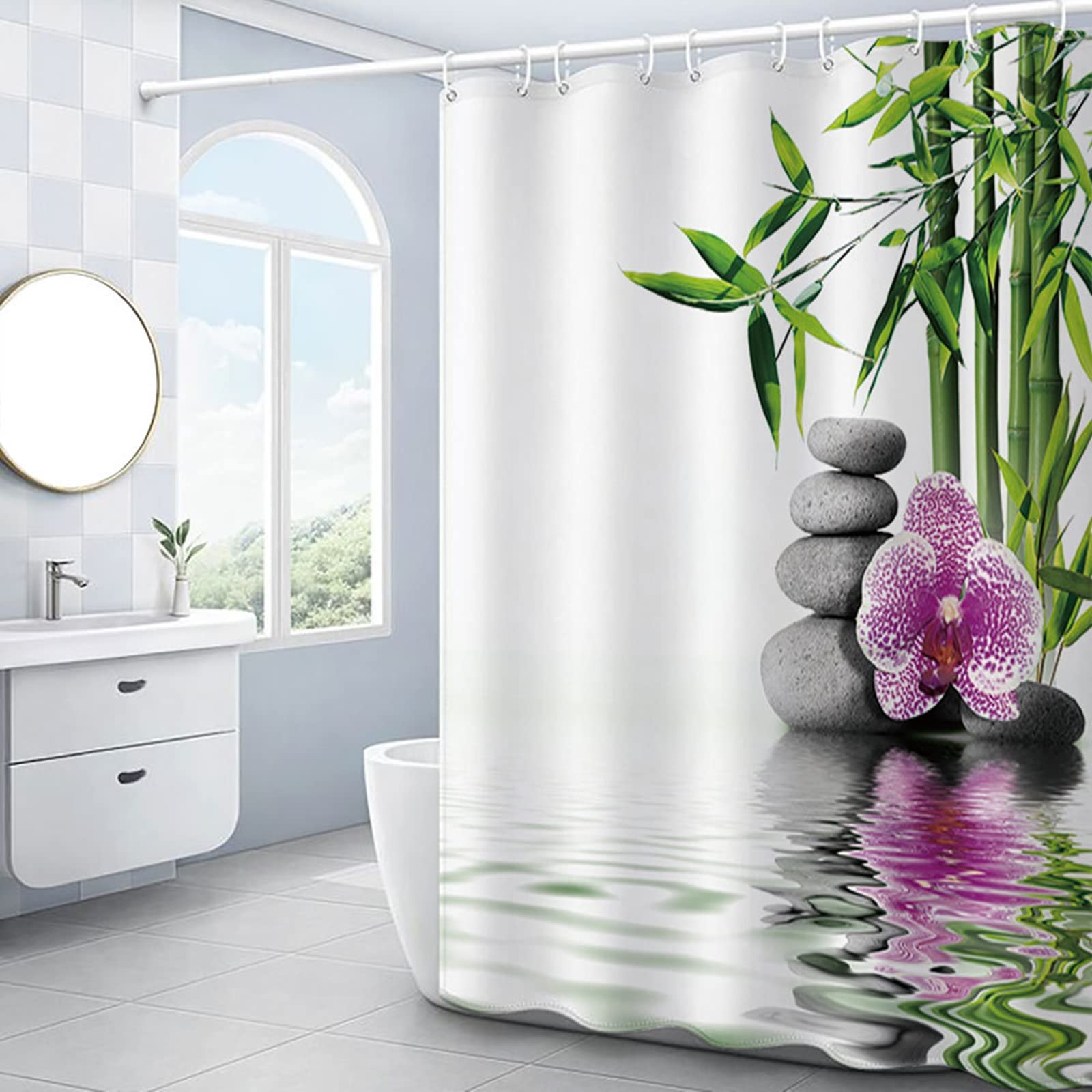 AMDXD White Shower Curtain with Hook Bamboo Flower Pink Shower Curtain, Anti-Mould Fabric Shower Curtain 120 x 180 cm - Image 2