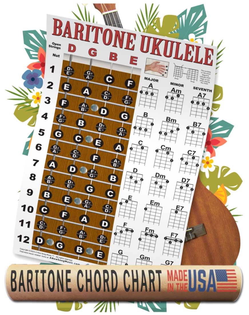 Baritone Ukulele Fretboard Notes & Easy Beginner Chord Chart Instructional Poster for Bari Uke by A New Song Music 11"x17"