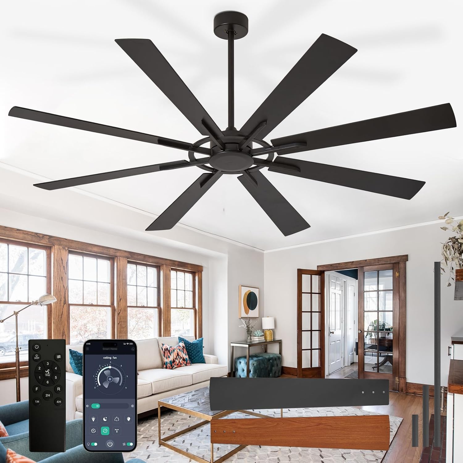 Large Ceiling Fan No Light: Modern 72 Inch 8 Blade Outdoor Ceiling Fans with Remote APP Control - Black Big Fan without Light Indoor Reversible 6 Speed Quiet DC Motor black 72"-without light