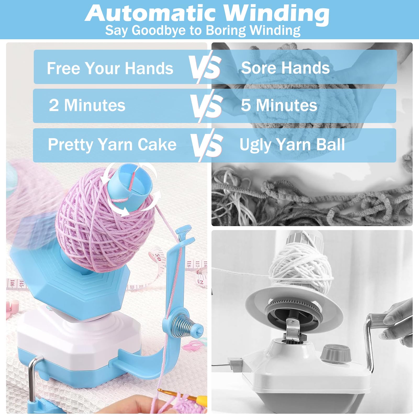 Eléctrico Yarn Winder, 10 Oz De Capacidad Bobinadora De Hilo con Ajuste Continuo De La Velocidad, Manos Libres Automático Ovilladora para Ganchillo Y Costura, Azul