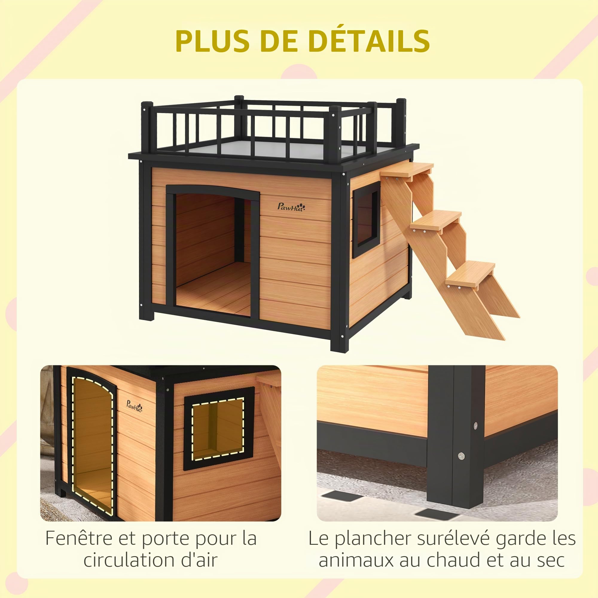 PawHut Niche pour chien Maison pour chien avec balcon, maison surélevée pour petits animaux avec escalier, fenêtre, niche pour petits chiens, bois de sapin, jaune, 121 x 77 x 78 cm