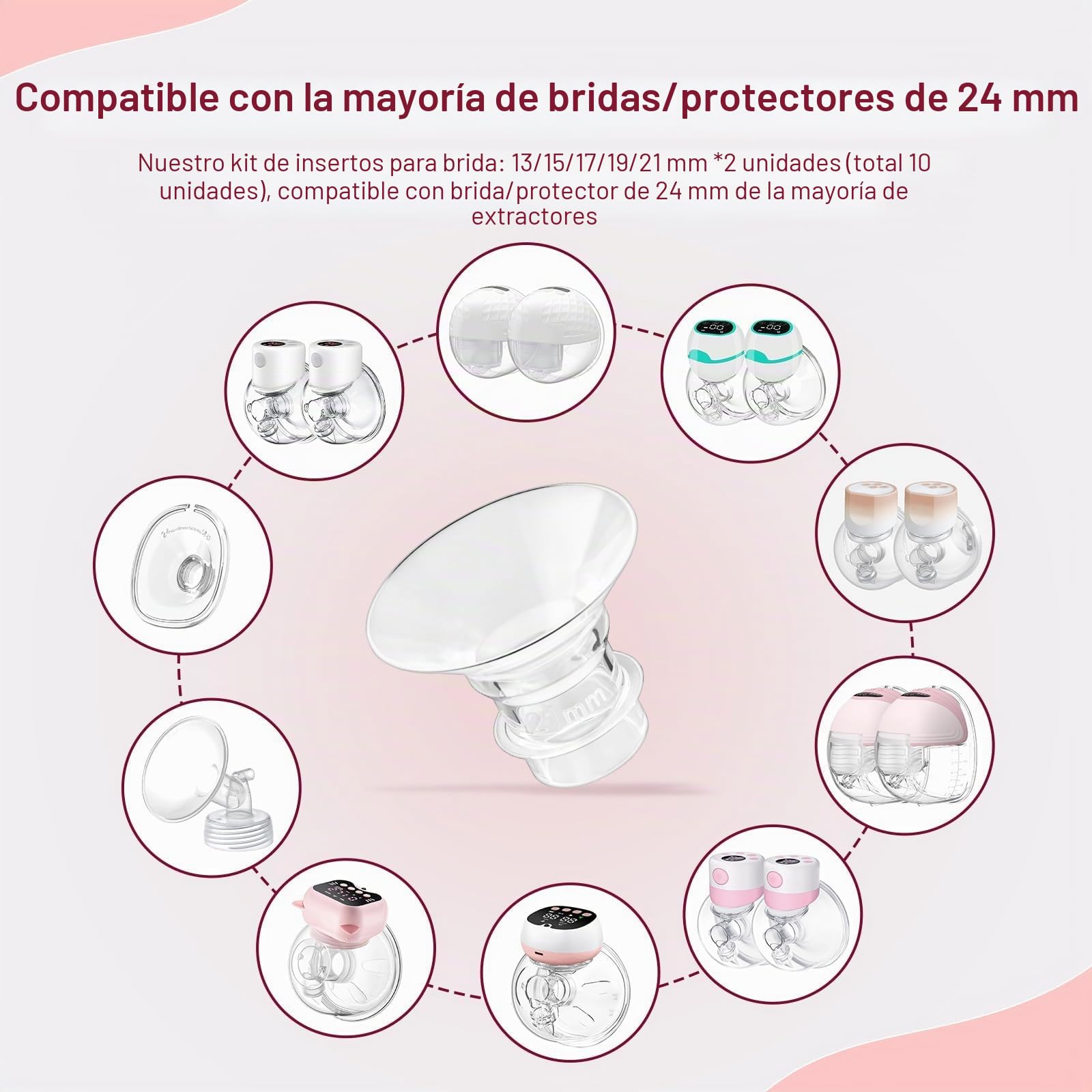10 insertos de brida 13/15/17/19/21 mm, accesorios de lactancia materna compatibles con la mayoría de bombas de leche eléctricas y manuales, con cepillo de limpieza y tarjeta de medición para pezones