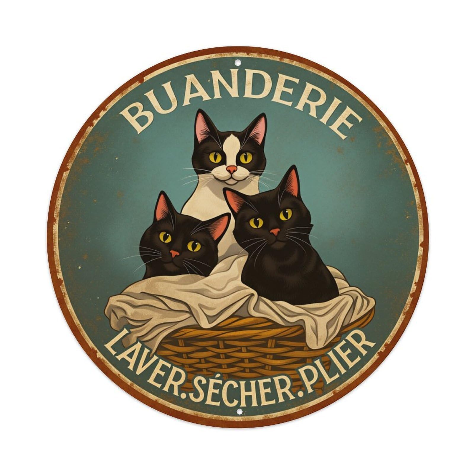 Cat Basket Laundry Sign Vintage Round Tin Sign Vintage Metal Poster, Home Bar Garage Man Cave Cafe Indoor & Outdoor Wall Decoration 8x8Inches