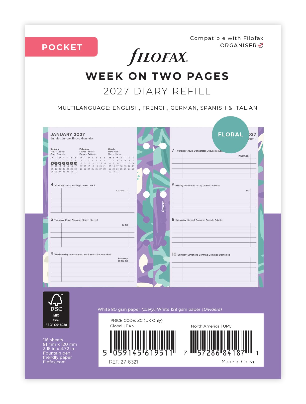 Filofax Pocket Illustrated Floral Week on 2 Pages 2027 diary Pack 27-6321