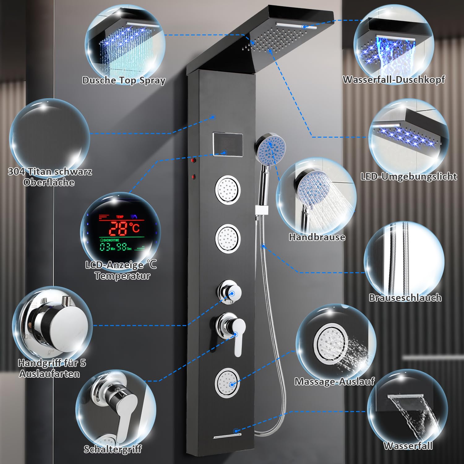 5-in-1 LED Duschpaneel – Duschsystem mit LED-Temperaturanzeige, Regendusche, verstellbaren Massagedüsen, Schwarz Design, Wandmontage für modernes Badezimmer