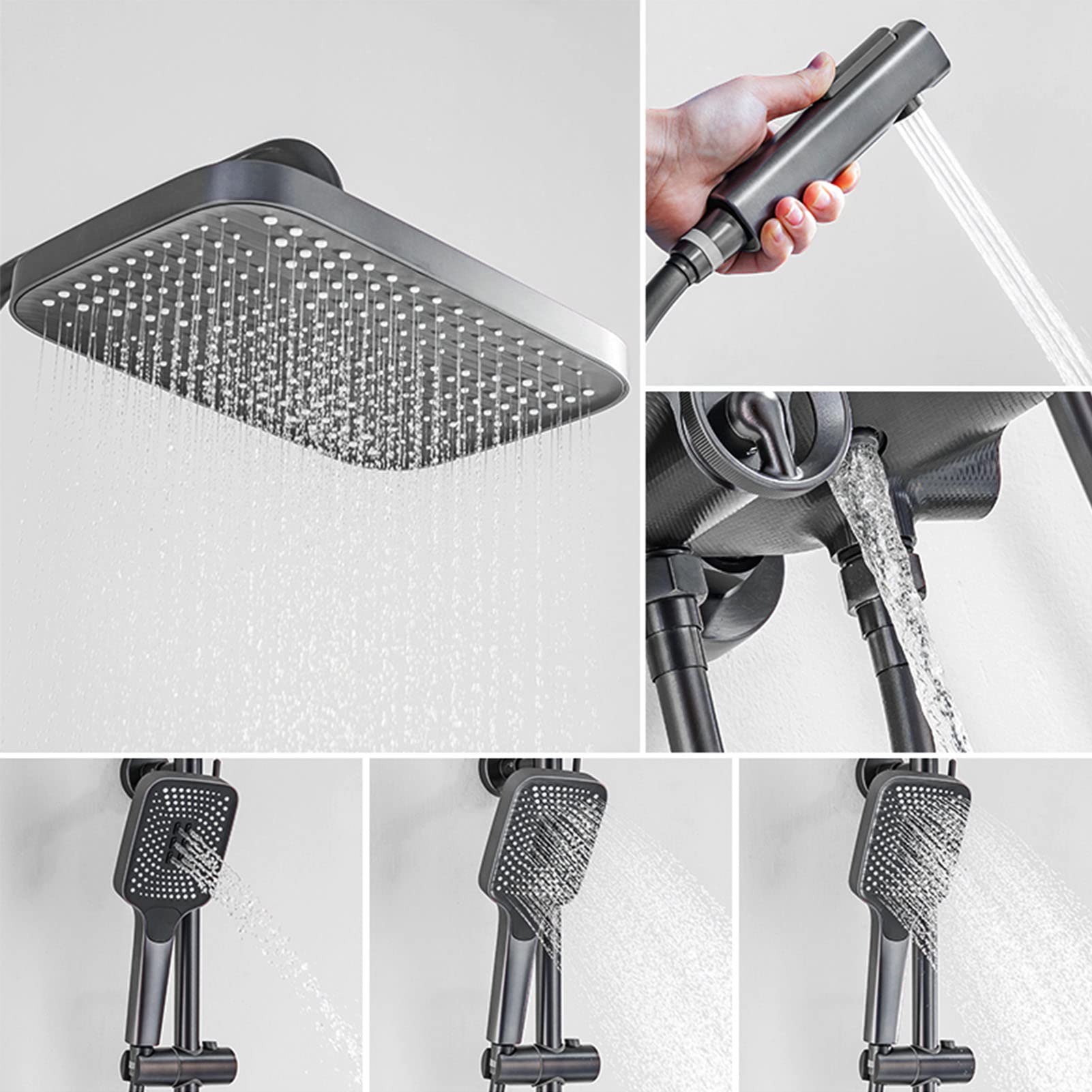 Set Rubinetto Doccia termostatico, 4 funzioni con Display Digitale, doccetta a 3 modalità, spruzzatore per Bidet, mensola per Vasca, Montaggio a Parete