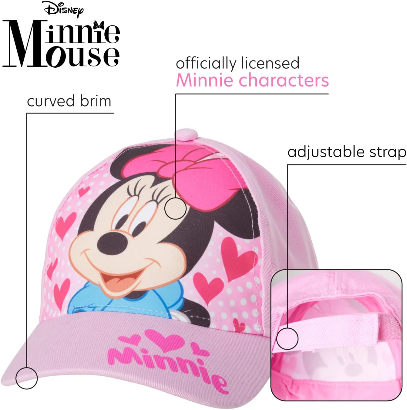 Disney Girls Disney Minnie Mouse Kids Baseball Cap 2 Pack, Adjustable Hats Set for Girls, Age 4-7 Years - Image 2