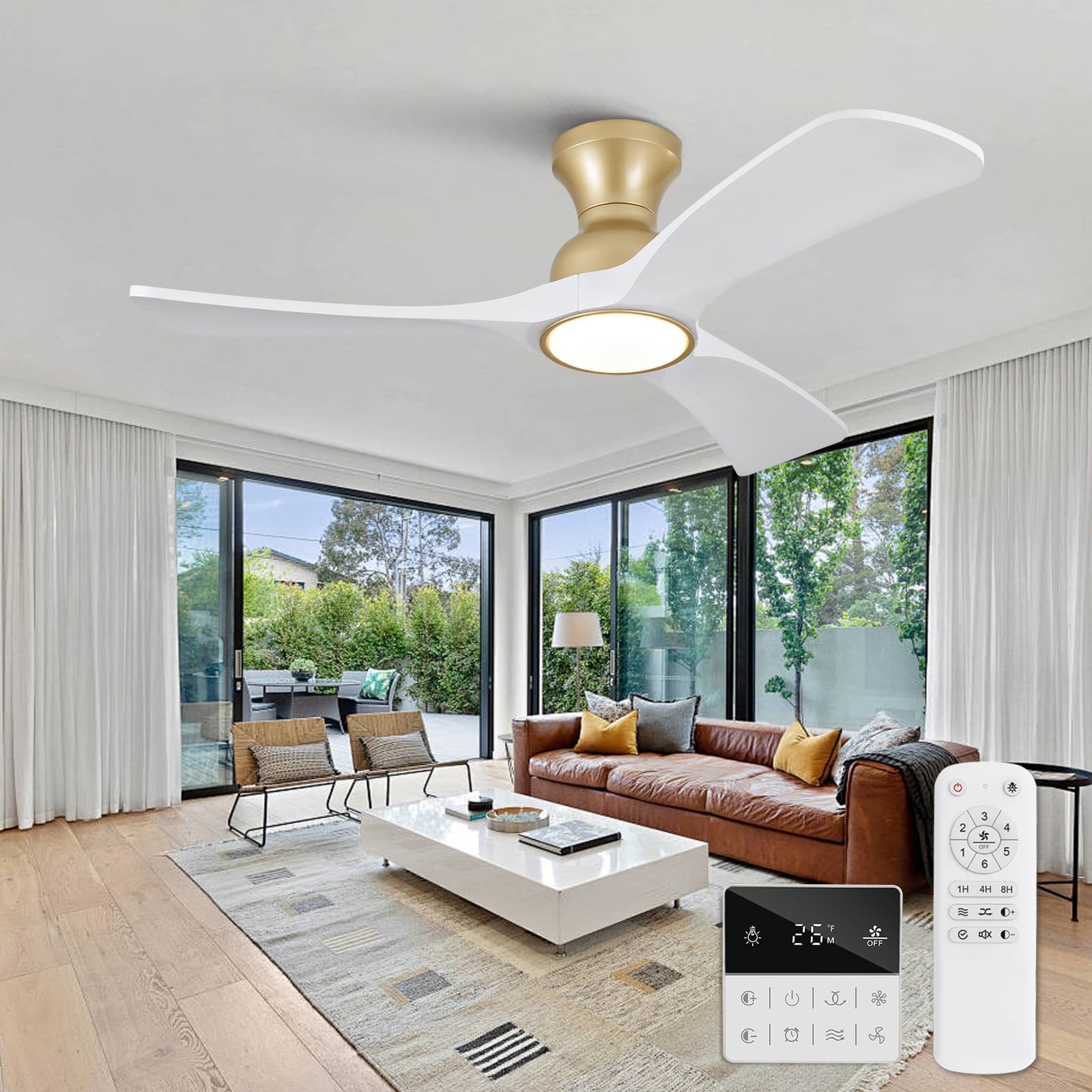 white gold ceiling fans with lights flush mount,42 inch solid wood,remote control,wall switch,dimmable,reversible,power off memory modern ceiling fan indoor/outdoor for bedroom patios