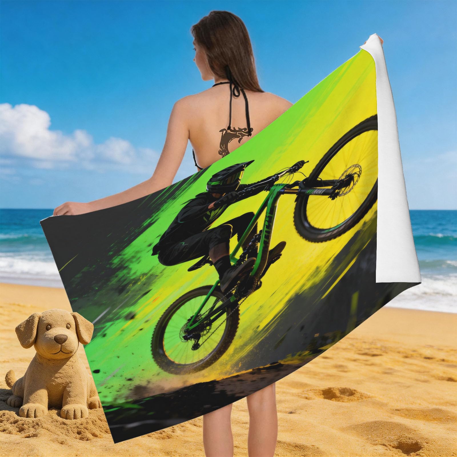 Leichong 3D Mountain Bike Beach Towel Microfiber Soft Quick Dry for Adults, Sports Silhouette Bath Towel Lightweight Soft Absorbent for Travel Swimming Pool Sports, 75 x 150 cm