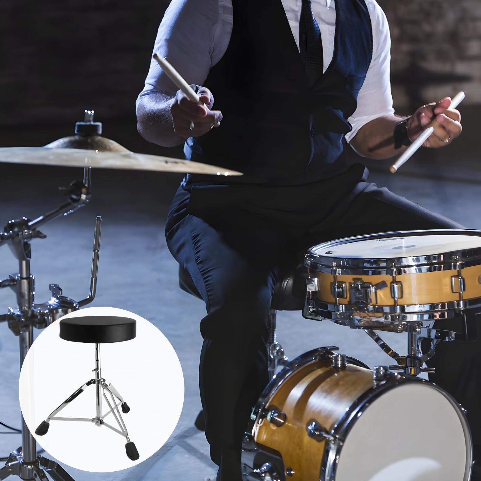 Drum Throne con altezza regolabile (42,4-55,1 cm), robusto sgabello imbottito con base in acciaio a 3 gambe, design pieghevole e piedini antiscivolo per batteristi e musicisti