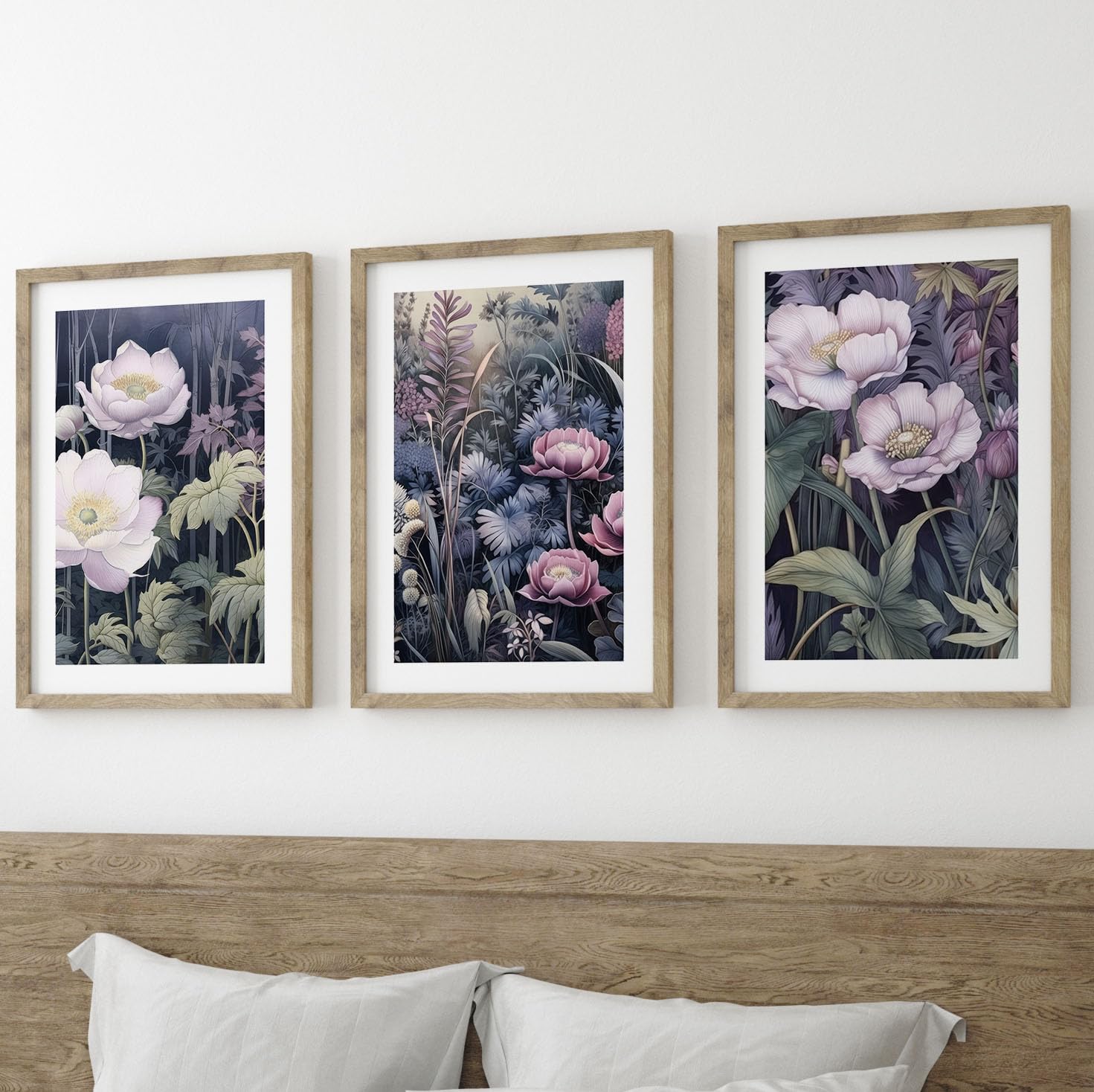 Purple Japanese Botanicals Wall Art Set of 3 Unframed Poster Prints, Tropical Plant Decor