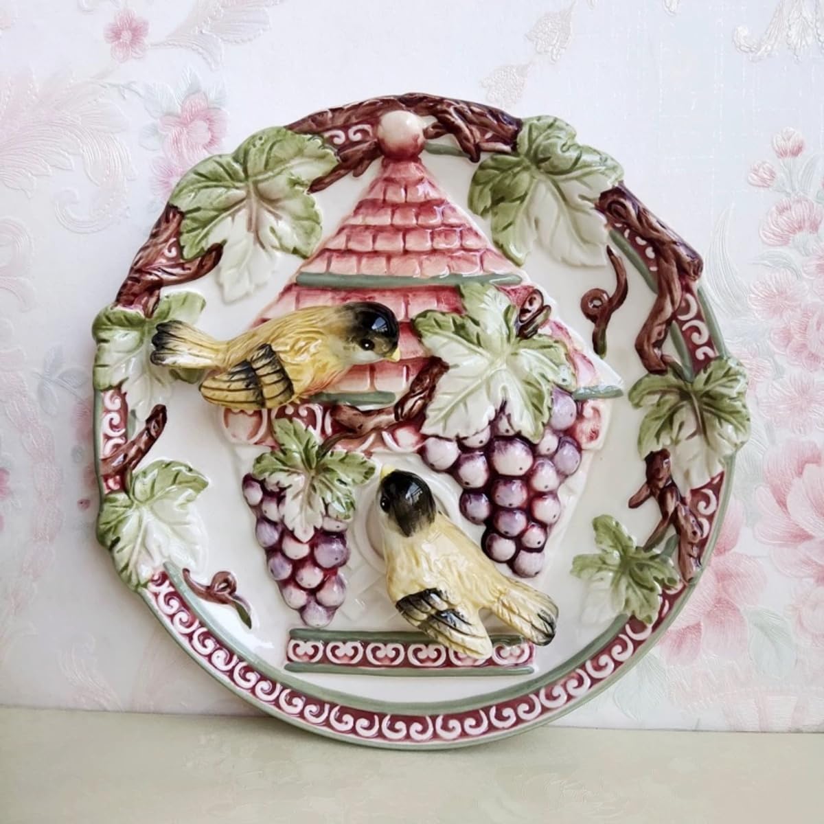 Minigift Ceramic Collections Plate, 3D Hand Painted Grape and Birds Decorative Tray with Display Stand -8
