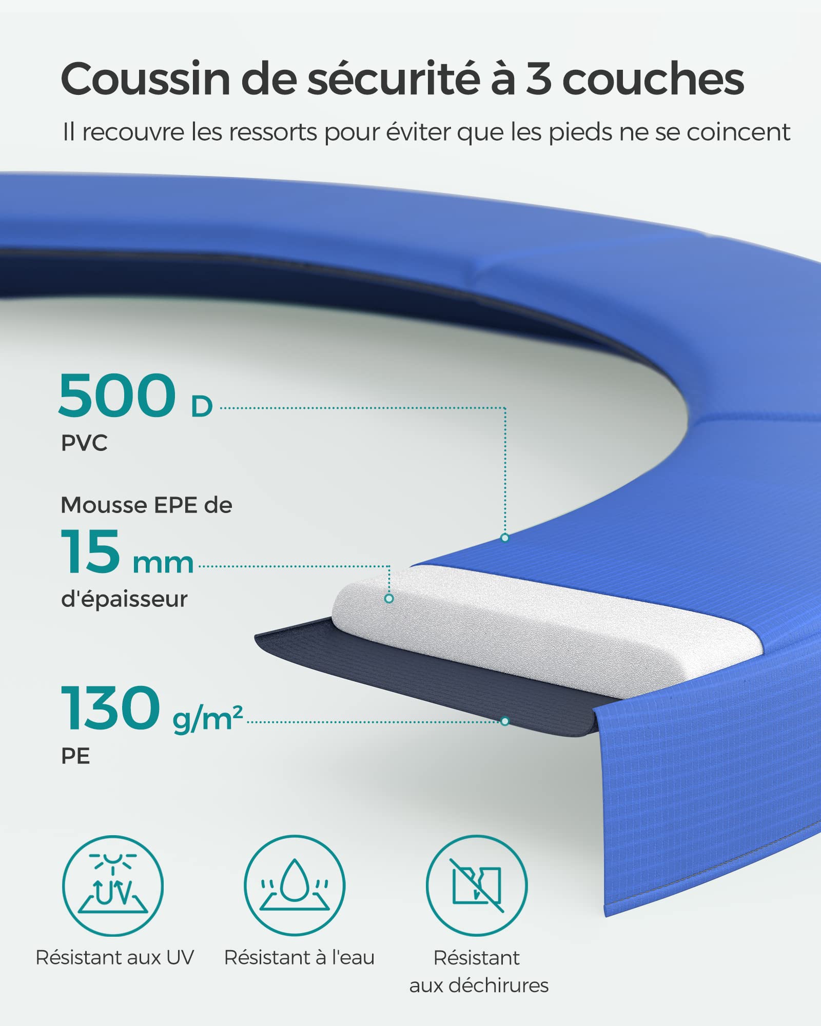 SONGMICS Trampoline Extérieur Enfant Diamètre 244/305/366/427 cm, Filet de Protection, Poteau Incurvé de 180 cm de Haut, Coussins de Sécurité, Échelle, Cadre en Acier