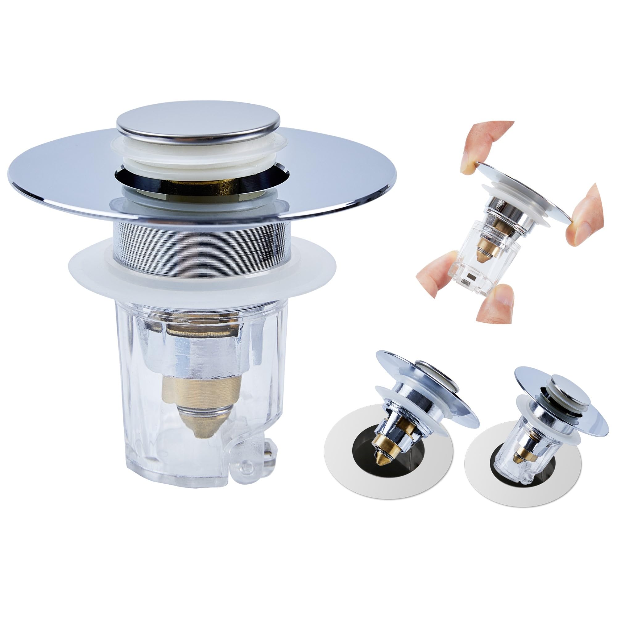 Multifunctional Bathroom Sink Stopper with Removable Basket | Chrome Plated Pop Up Sink Drain Strainer for Standard 1.1" - 1.6" Drain Holes | Anti