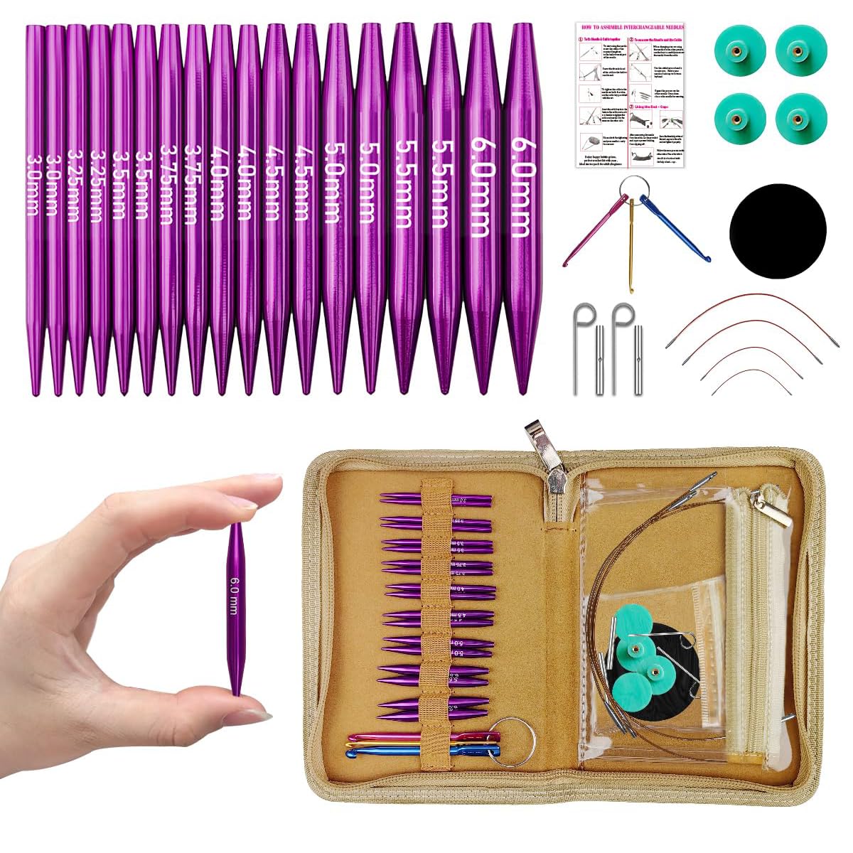 Knitiss Set de agujas circulares intercambiables de tejer, 9 pares de agujas cortas de 5 cm desde 3,0~6,0 mm, agujas intercambiables con 4 cables