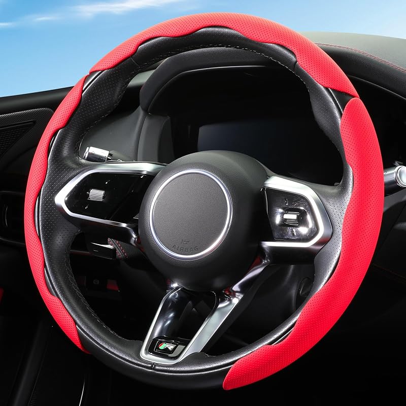 Capa para Volante Automotivo em Couro Nappa Perfurado, Vermelha, Instalação por Encaixe, para Volantes de 35,6 a 40,6 cm, 3 peças