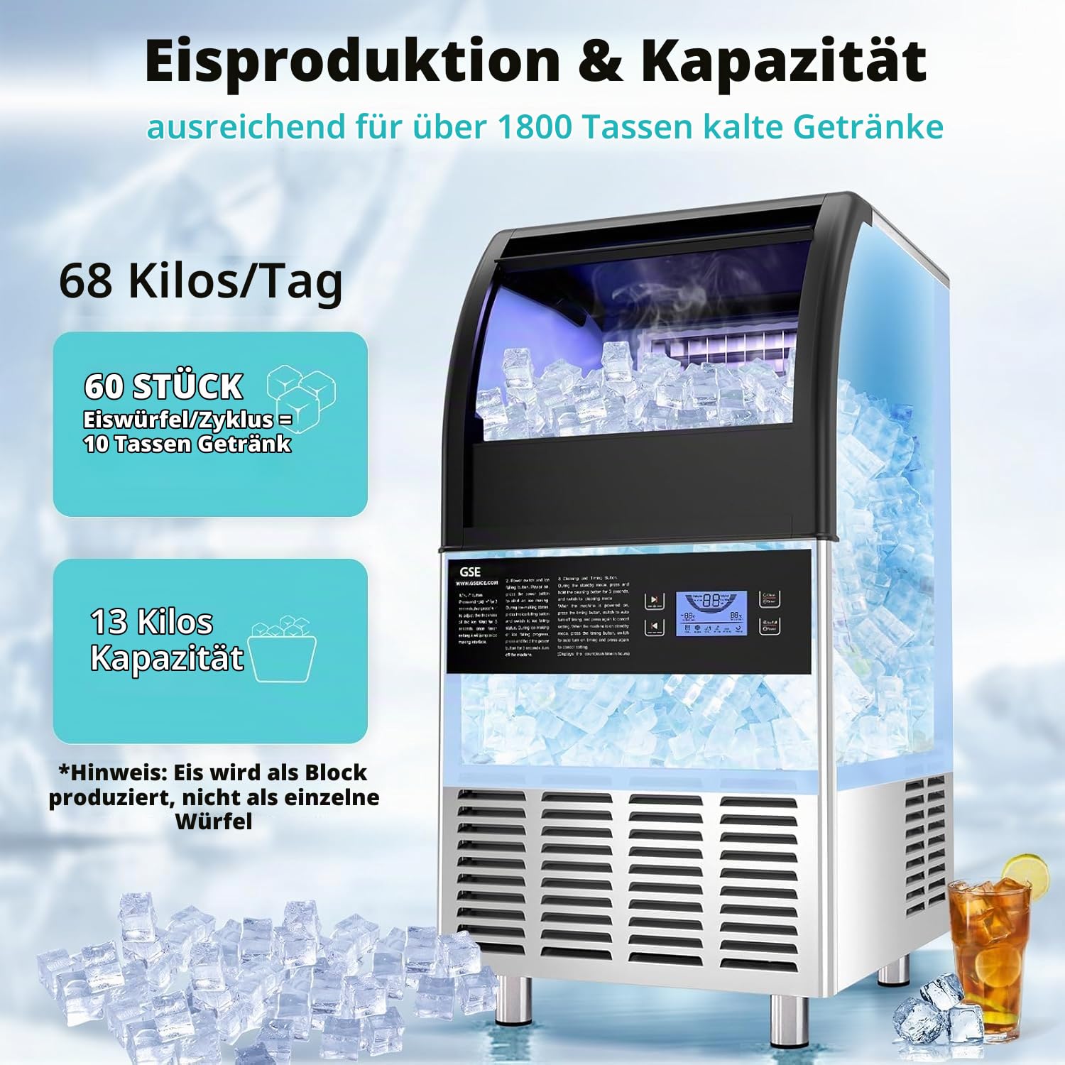GSE Gewerbliche Eiswürfelmaschinee, 68 kg/24h eiswürfel Profi Vollautomatischer Iice maker, Freistehende Eismaschin mit Timer, für Restaurant, Bar, Café, Haushalt, Getränkeläden, große Feiern