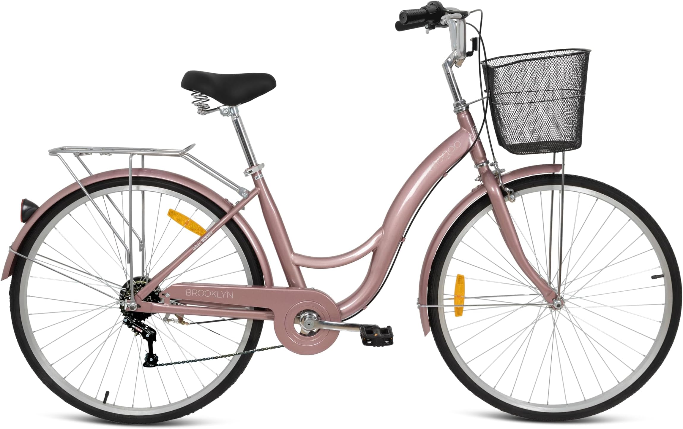 Brooklyn 6 Speed Cruiser Bike, 24/26 Inch, City-Bike with Gears, Steel Frame, Road-Bike, Comfort Cycle, Unisex Bicycle Adult, Front Basket, Rear Carrier, Classic Commuter Bike