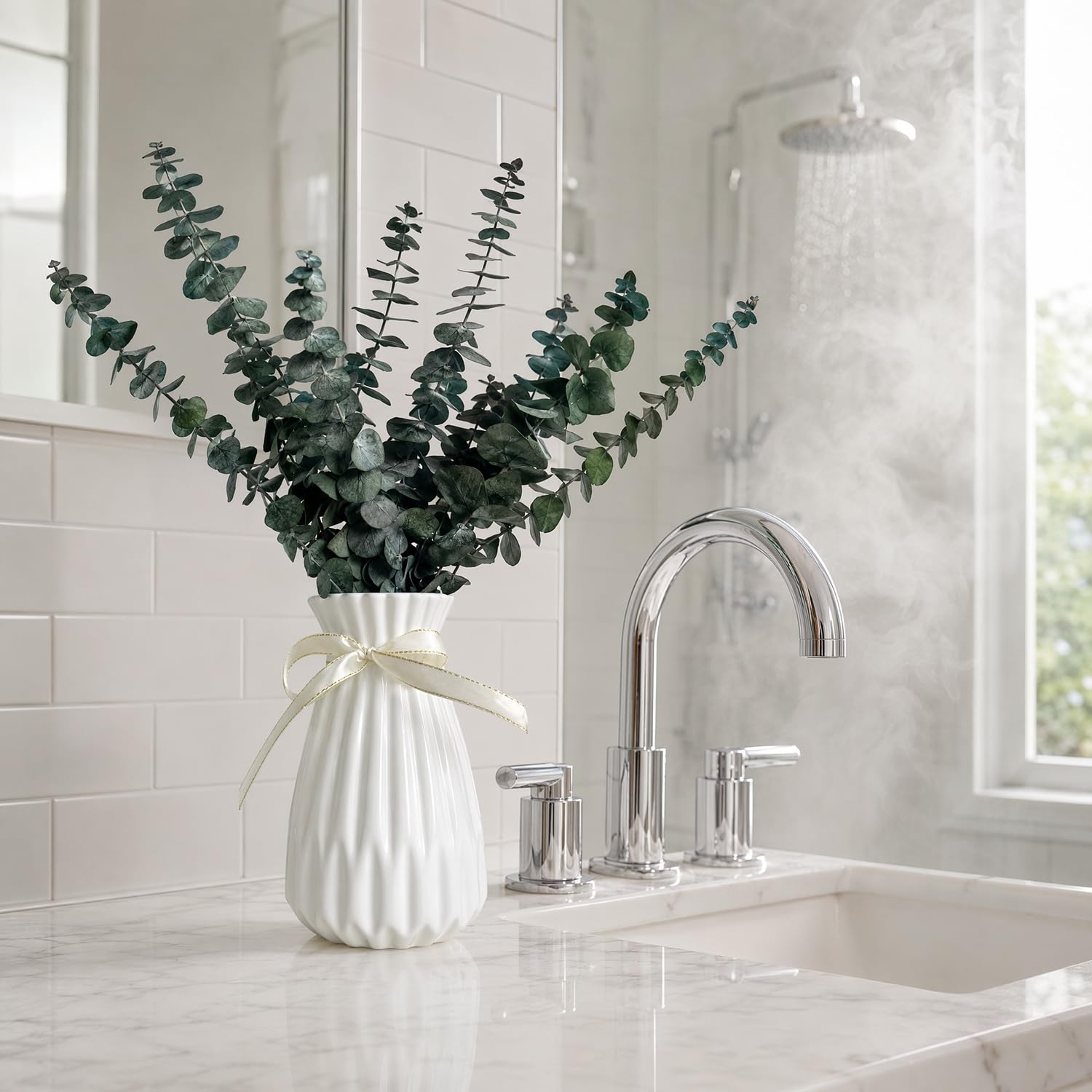Lot de 10 véritables tiges d'eucalyptus séchées dans un vase en céramique pour décoration de douche et salle de bain, 33 cm