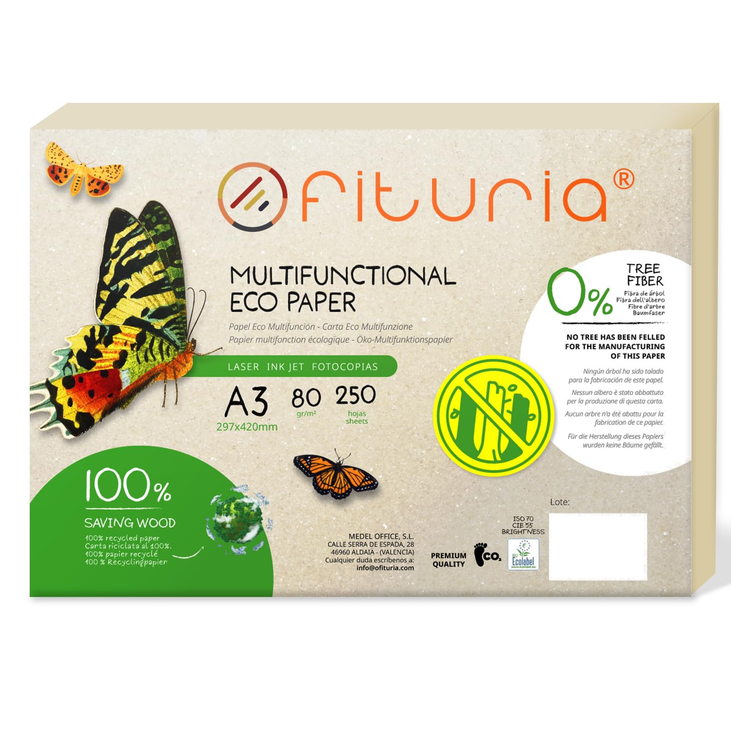 Papier Recyclé A3 80g 250 Feuilles 100% Recyclées Couleur Naturelle pour Imprimante Laser et Jet d'Encre